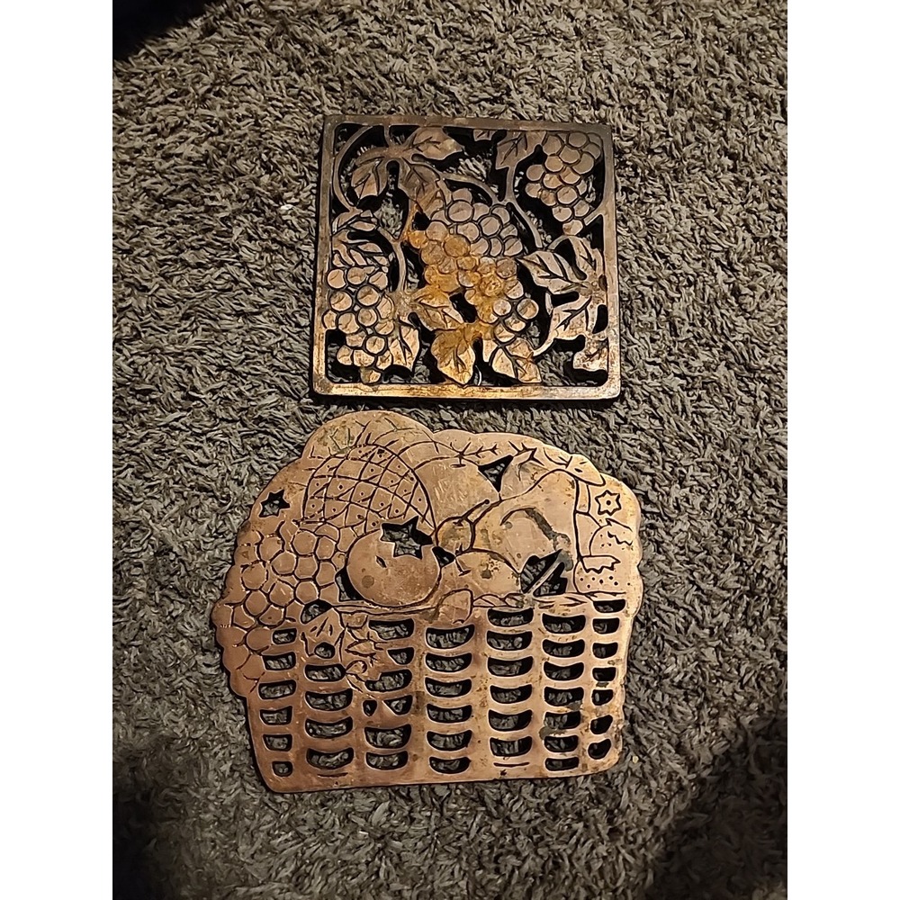 Pair Of Vintage Copper Grape & Fruit Motif Trivets